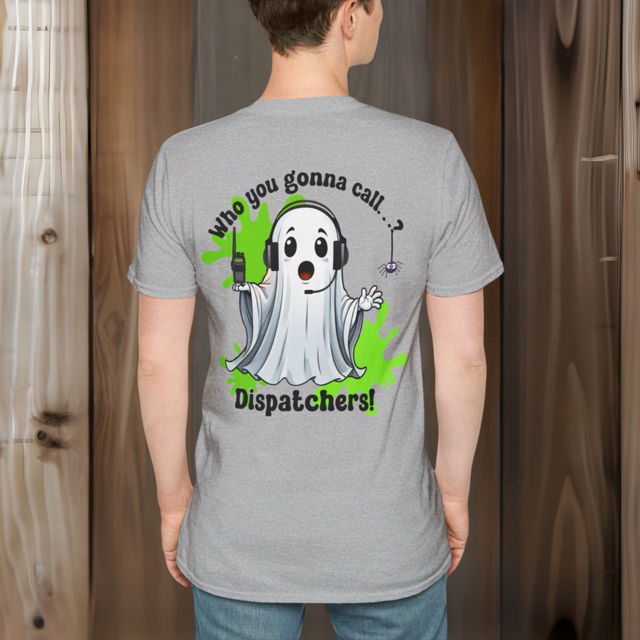 Front & Back Slimer 911 Design Unisex Softstyle Halloween T-Shirt front and back graphic dispatcher